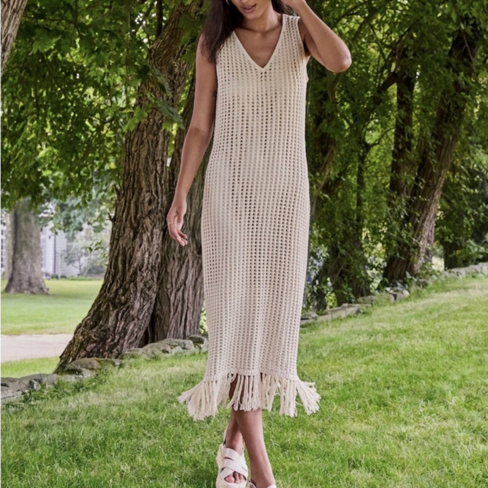 ECRU Fringed Crochet Knit Dress Large Color: Raffia Boho Crochet Neutral